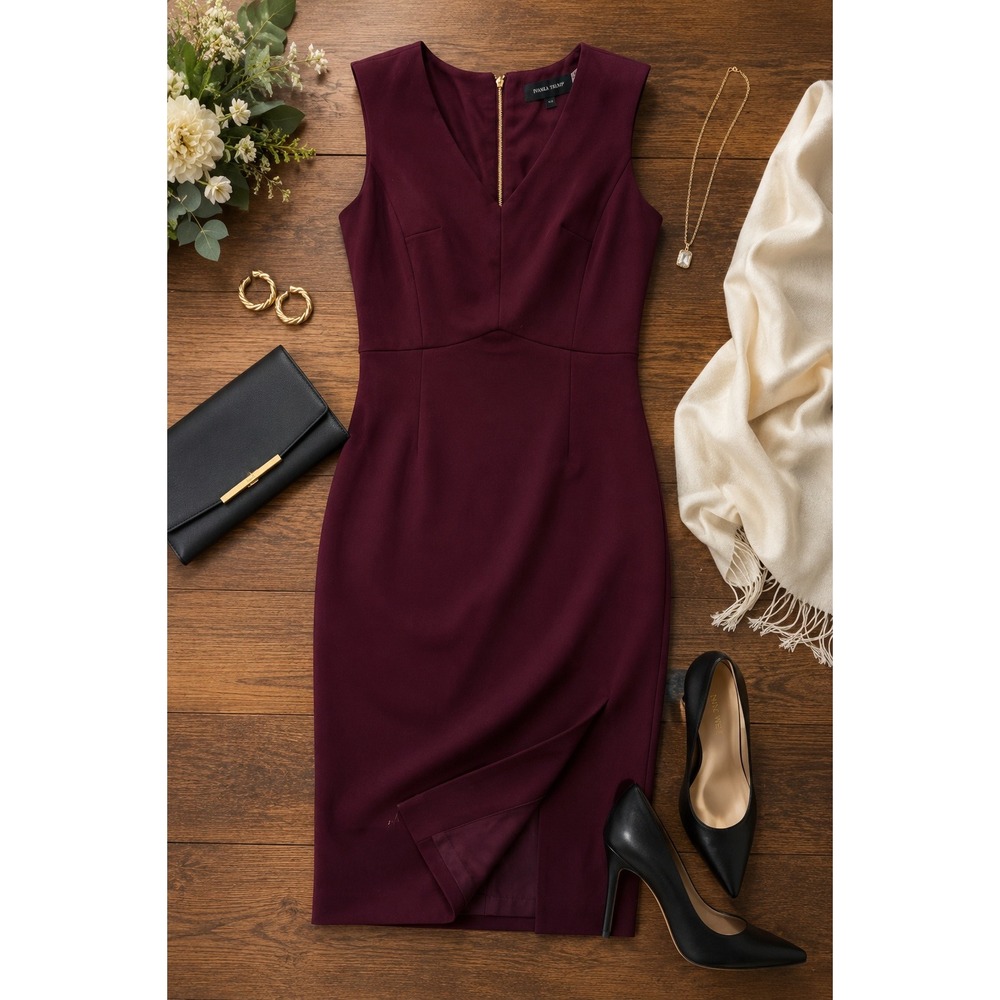 Ivanka Trump Sheath Dress V-Neck Sleeveless Zip 2 Burgundy Professional Office